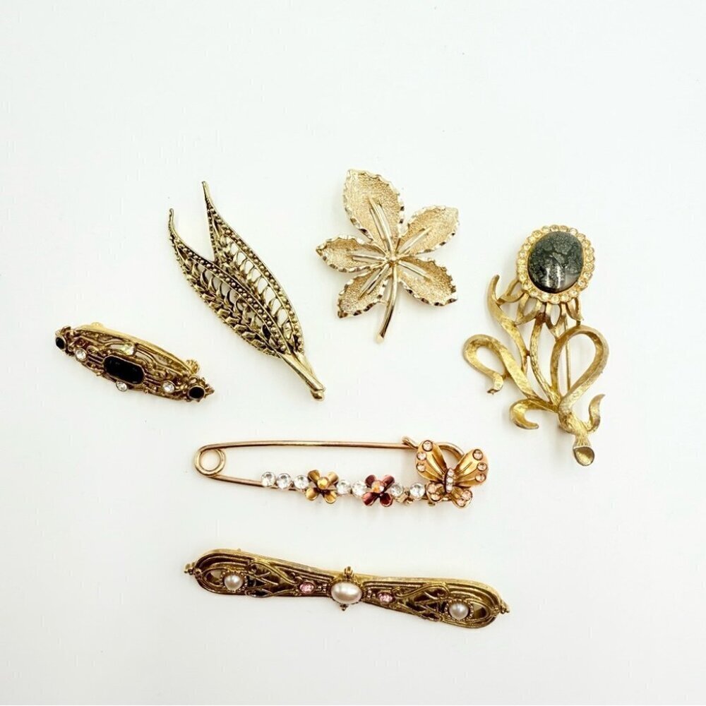 Vintage Gold Tone Rhinestone Bar Collar Flower Leaves Brooches in Lot